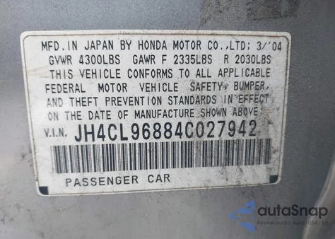 2004 Acura Tsx из США, поврежденный, VIN JH4CL96884C027942